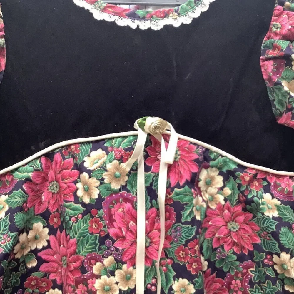 Vtg Roanna‎ Red Christma Dress 6 Lace Collar White Poinsettia Smock Velvet Top